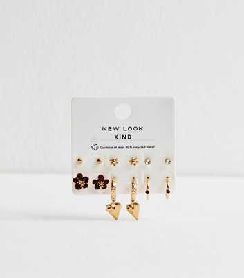 Pack of 6 Gold Tone and Burgundy Flower Heart Earrings
