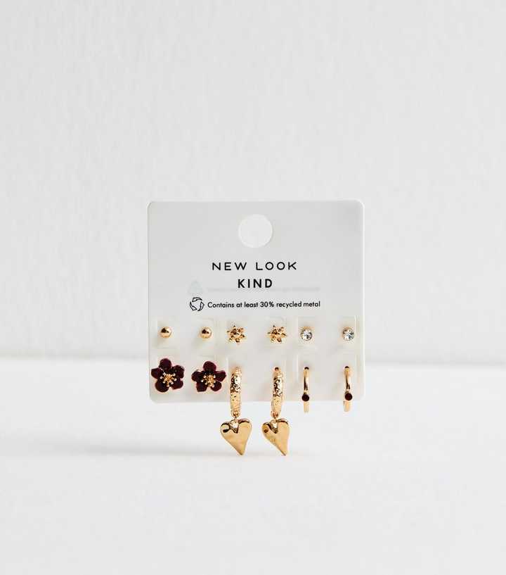 Pack of 6 Gold Tone and Burgundy Flower Heart Earrings