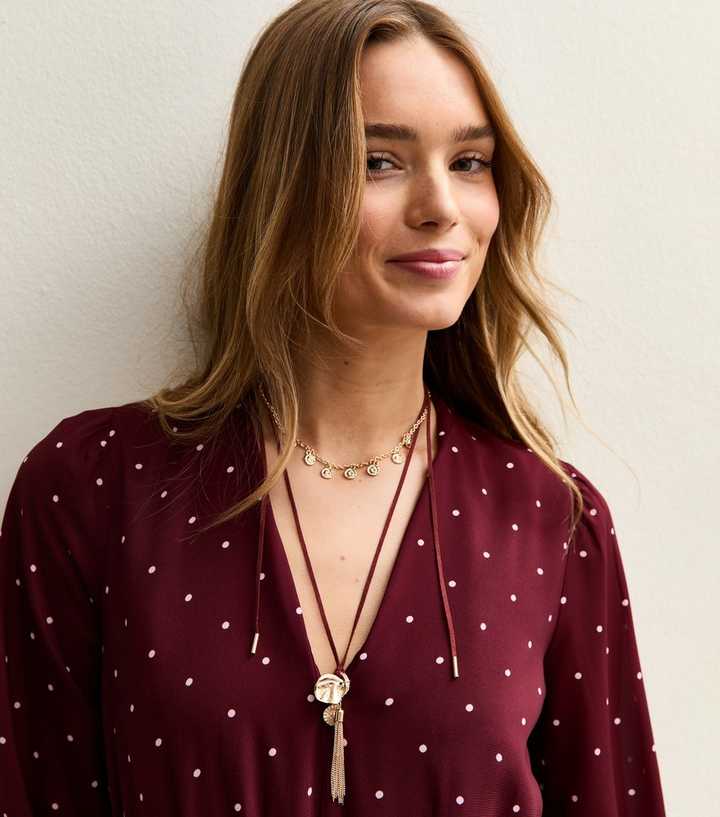 Gold Tone Burgundy Rope Long Tassel Charm Necklace