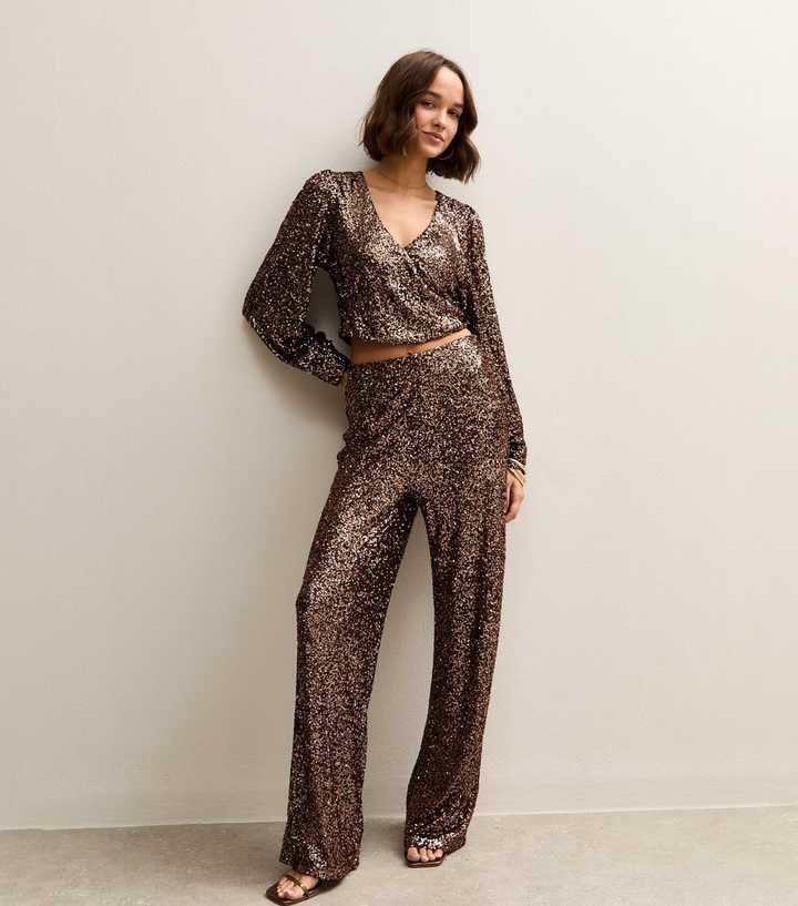 Mid Brown Sequin Wide Leg Trousers
