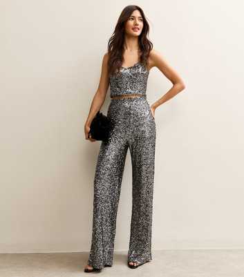 Gunmetal Sequin Wide Leg Trousers