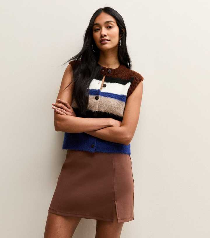 Dark Brown Jersey Front Split Mini Skirt