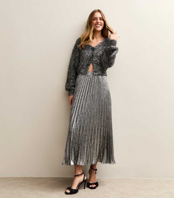 Silver Foil Pleated Midi Skirt