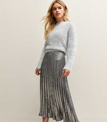 Petite Silver Foil Pleated Midi Skirt