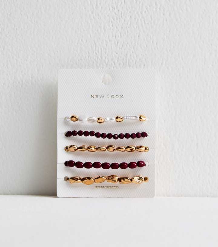 Gold Pack of 5 Faux Pearl Beaded Bracelets