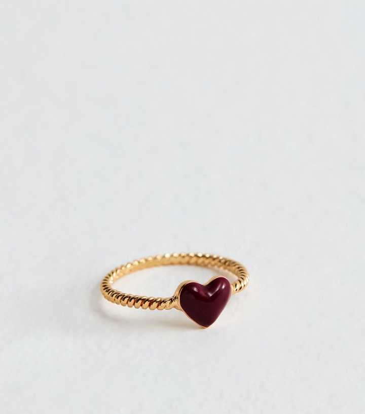 Gold Tone Twisted Enamel Heart Ring
