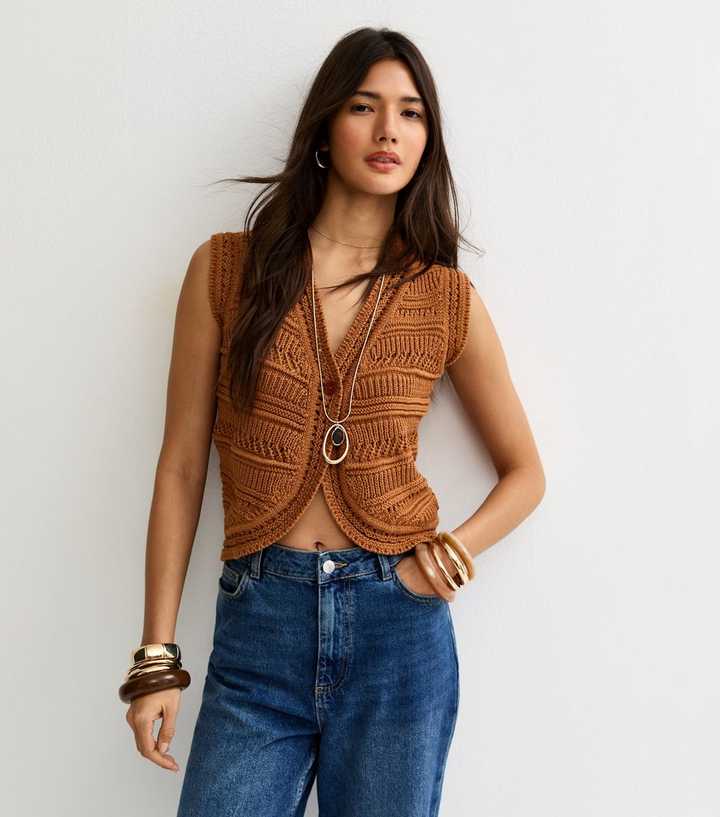 Tan Knit Lader Stitch Waistcoat