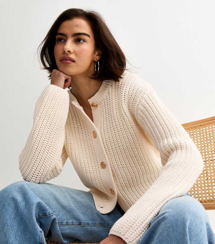 Cream Hammered Button Cotton Rich Chunky Knit Cardigan