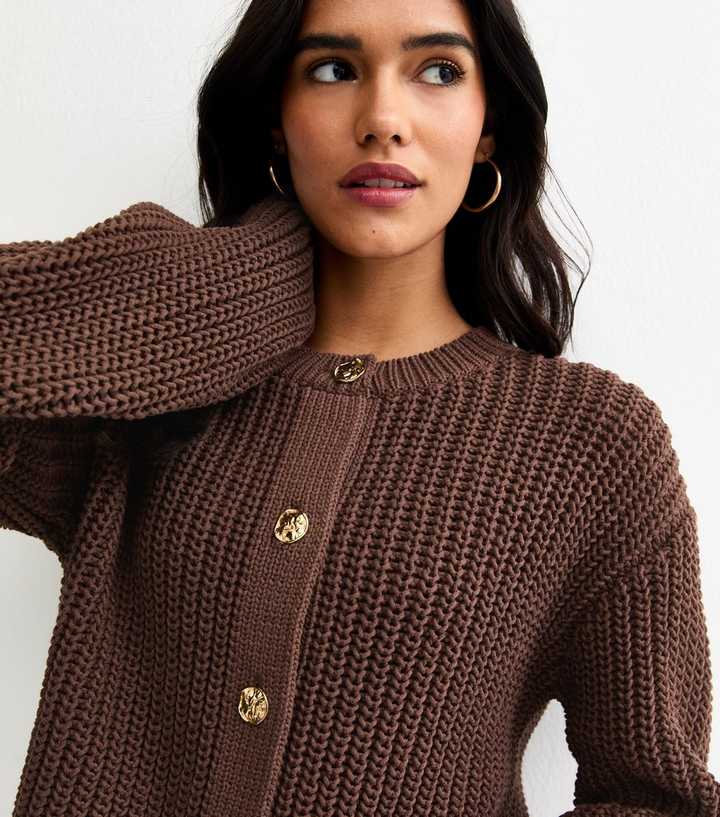 Dark Brown Hammered Button Cotton Rich Chunky Knit Cardigan