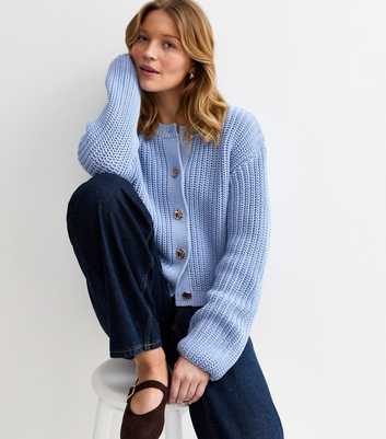 Blue Hammered Button Cotton Rich Chunky Knit Cardigan