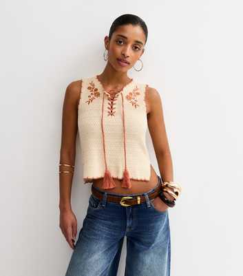 Cream Cotton Floral Embroidered Crochet Top