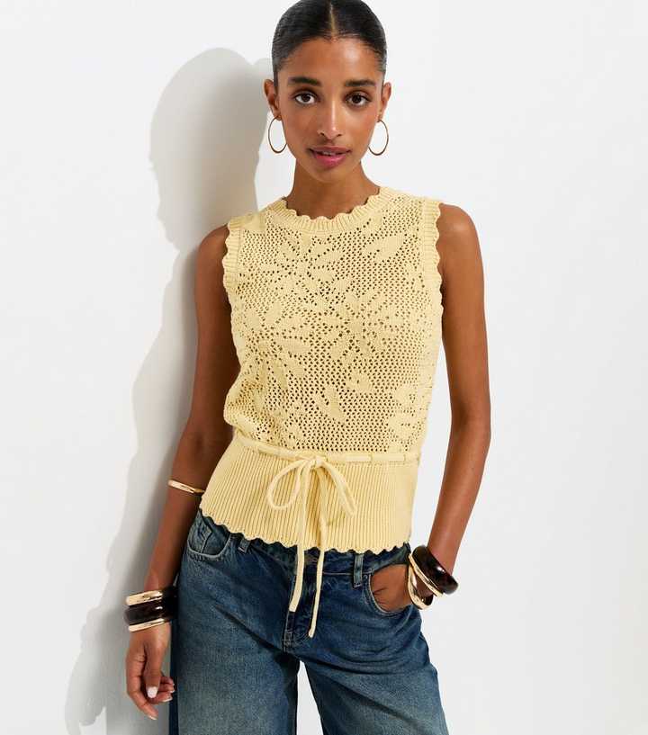 Light Yellow Cotton Rich Floral Tie Waist Vest