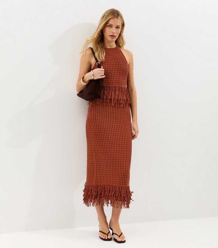 Dark Red Fringe Hem Cotton Rich Midi Skirt