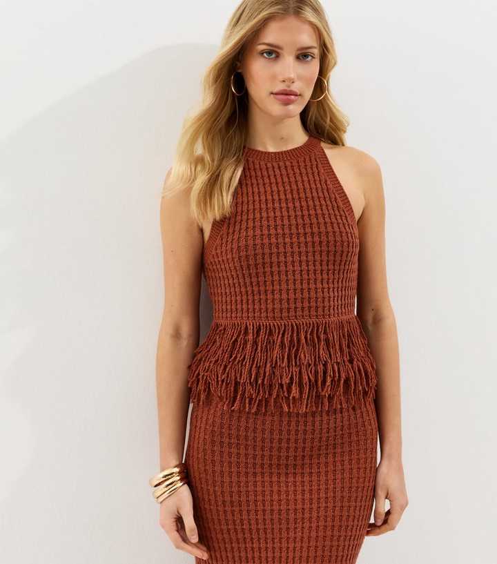 Dark Red Fringed Hem Cotton Rich Vest