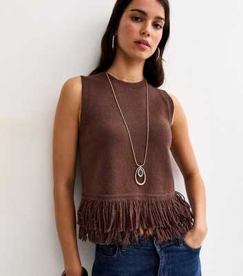 Dark Brown Fringed Hem Cotton Rich Vest