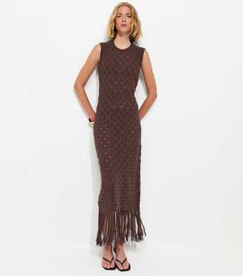 Dark Brown Crochet Fringe Hem Maxi Dress