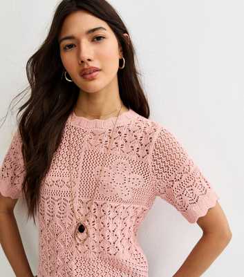 Light Pink Cotton Rich Pointelle Patchwork Short Sleeve Top
