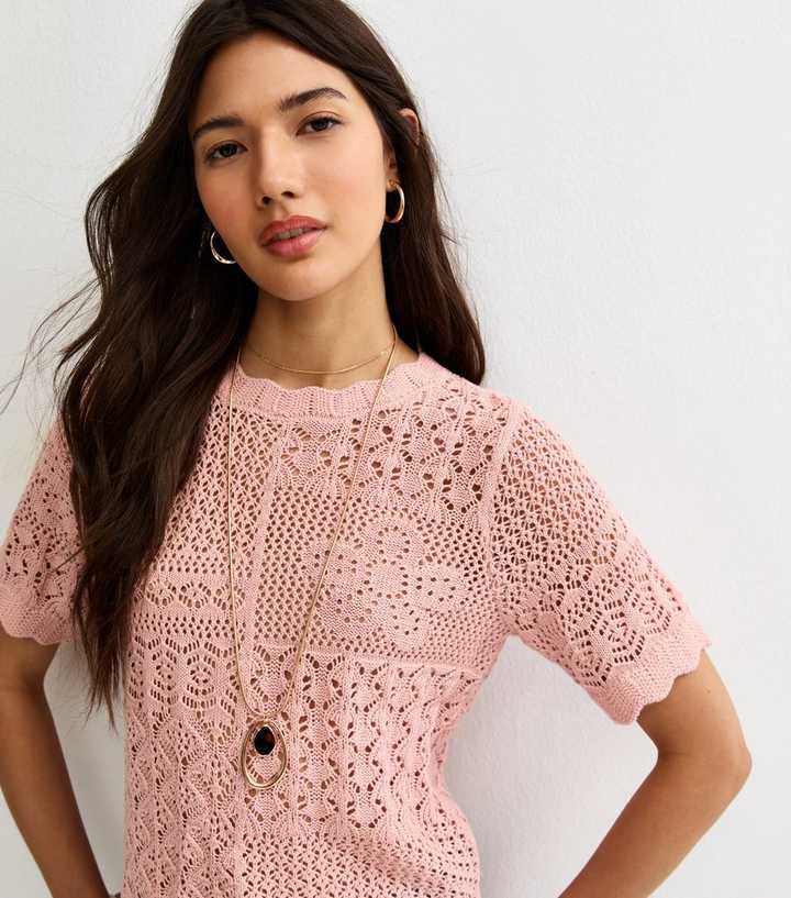 Light Pink Cotton Rich Pointelle Patchwork Short Sleeve Top