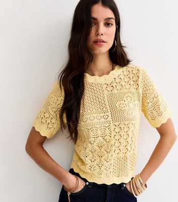 Light Yellow Cotton Rich Pointelle Patchwork Short Sleeve Top
