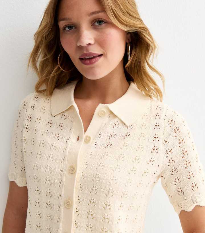 Cream Cotton Rich Pointelle Button Up Short Sleeve Cardigan