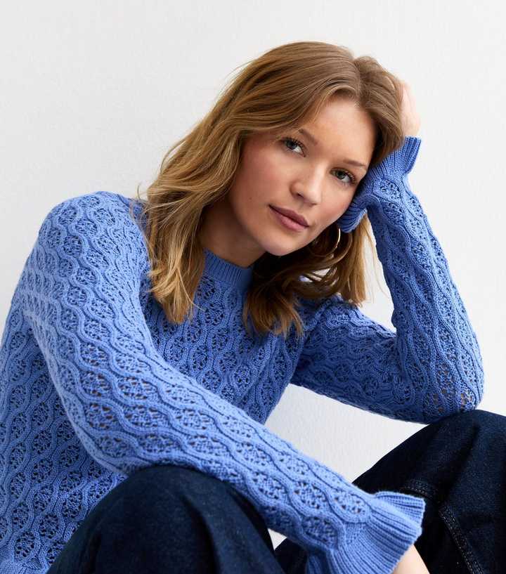 Blue Cotton Rich Pointelle Frill Trim Jumper