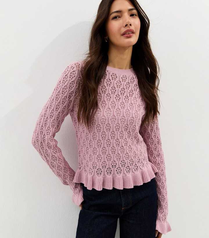 Pink Cotton Rich Pointelle Frill Trim Jumper