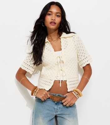Cream Pointelle Tie Front Collared Top