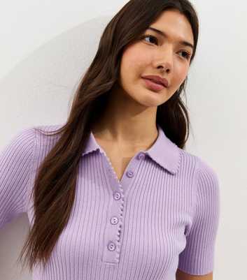 Lilac Ribbed Short Sleeve Polo Top