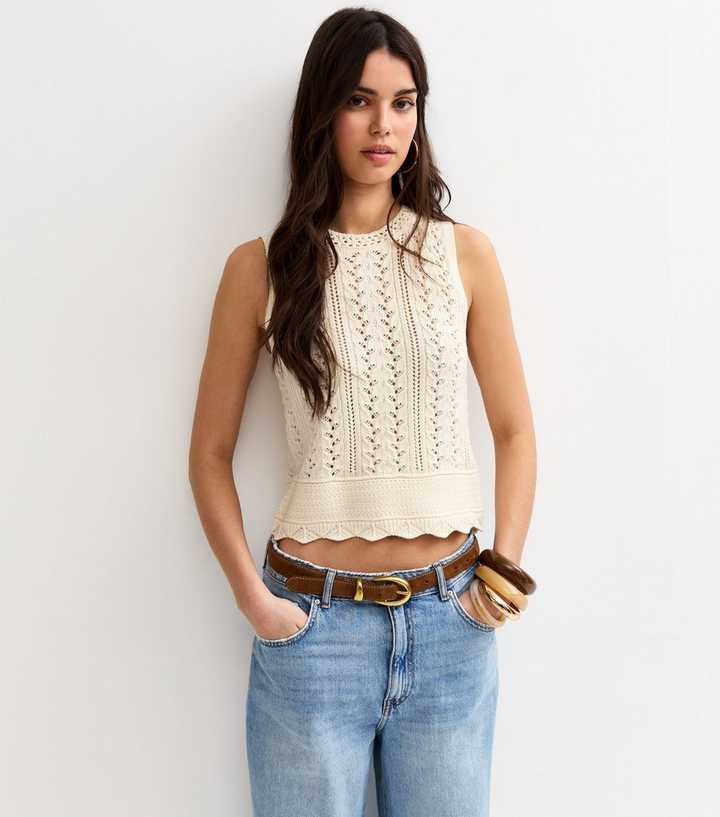 Cream Cotton Rich Scallop Hem Pointelle Knitted Vest