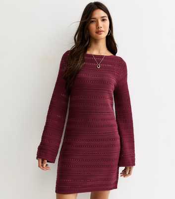 Dark Purple Cotton Rich Pointelle Slash Neck Mini Dress