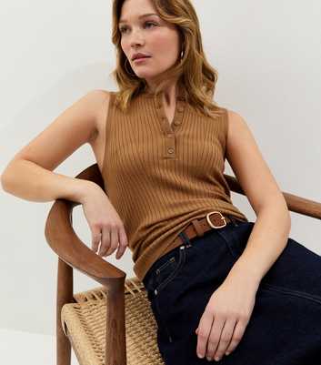 Tan Knitted Sleeveless Henley Top
