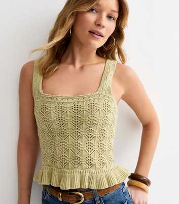 Light Green Square Neck Cotton Rich Pointelle Knit Vest
