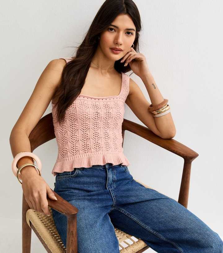Light Pink Square Neck Cotton Rich Pointelle Knit Vest