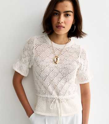 Cream Open Knit Drawstring Waist Frilly Trim Top