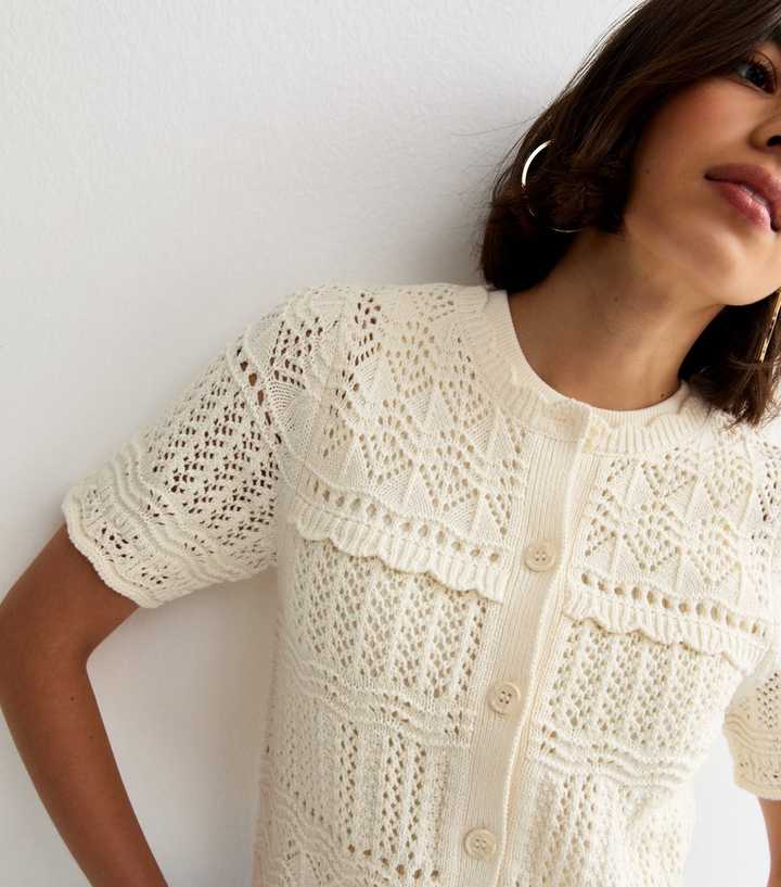 Cream Patterned Knit Cotton Rich Short Sleeve Cardigan