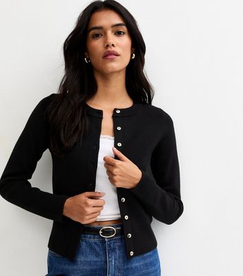 Black Compact Knit Crew Neck Cardigan | New Look