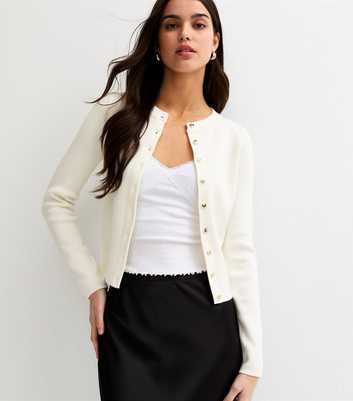 Off White Compact Knit Crew Neck Cardigan