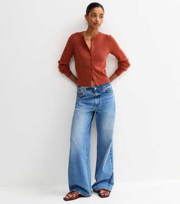 Rust Compact Knit Crew Neck Cardigan