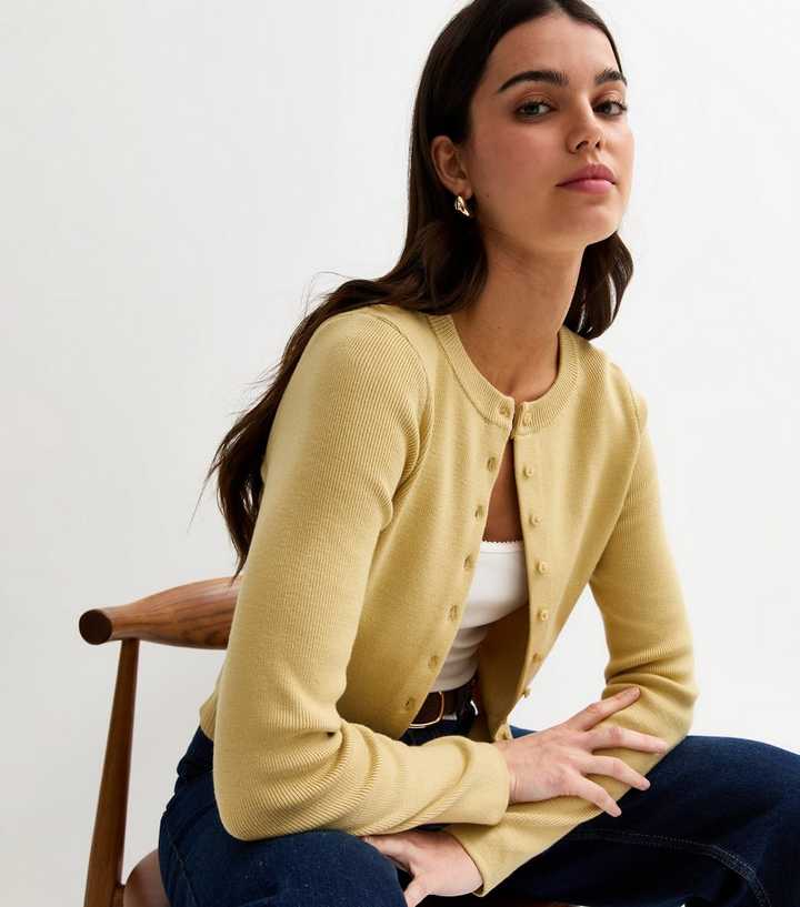 Light Green Compact Knit Crew Neck Cardigan