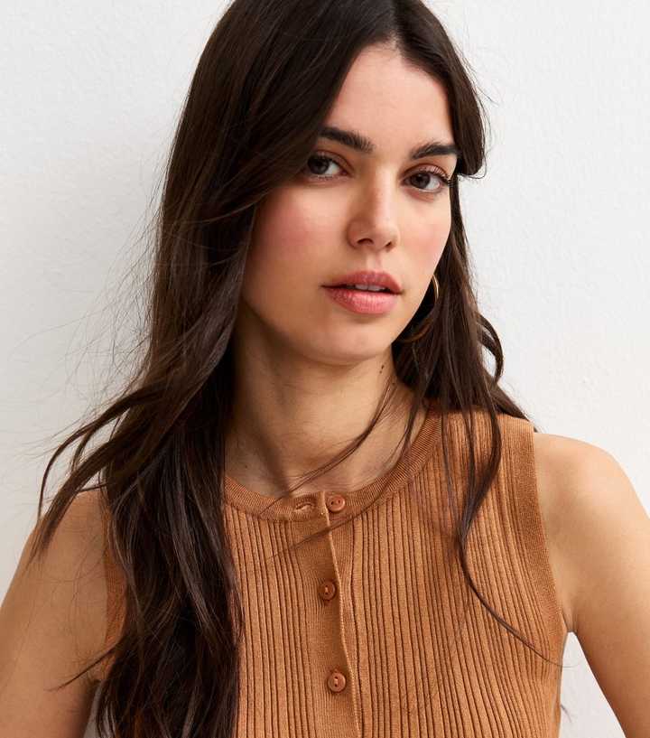 Tan Lightweight Rib Button Vest Top