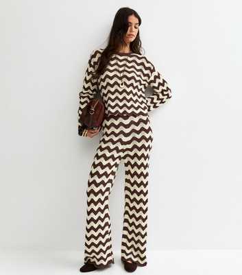 Brown Cotton Rich Wavy Pattern Wide Leg Trousers