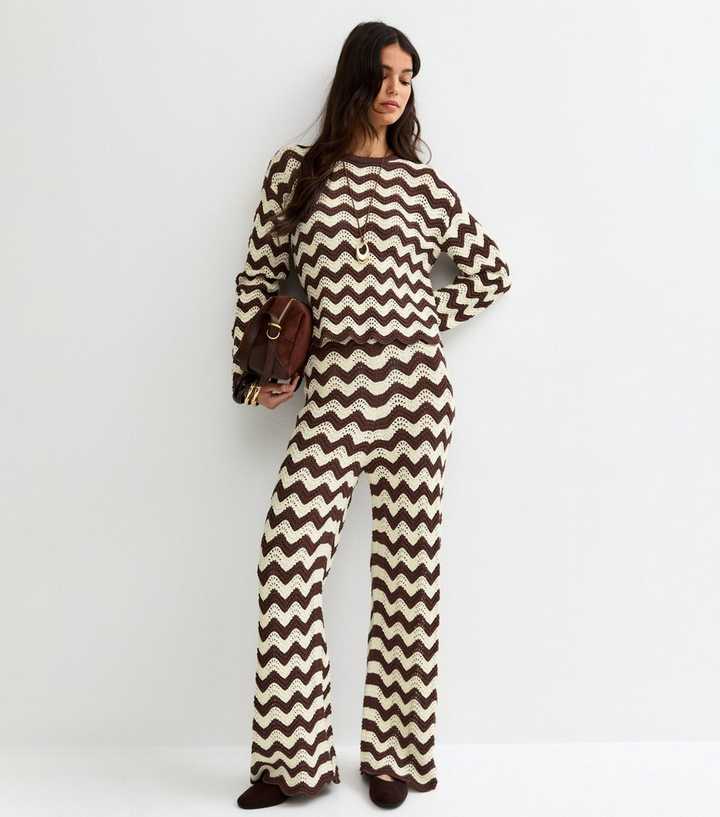 Brown Cotton Rich Wavy Pattern Wide Leg Trousers