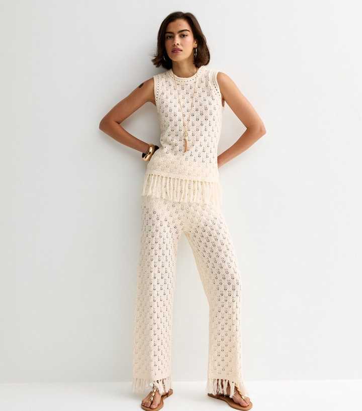 Cream Cotton Rich Knit Tassel Hem Wide Leg Trousers