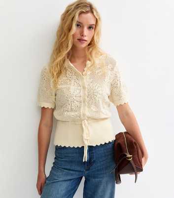 Cream Cotton Rich Tie Waist Floral Knit Short Sleeve Cardigan Top