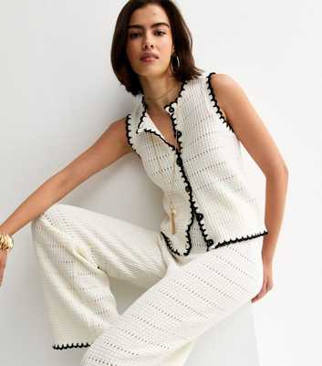 Cream Cotton Rich Blanket Stitch Wide Leg Trousers