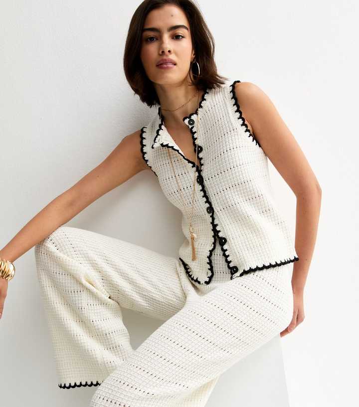Cream Cotton Rich Blanket Stitch Wide Leg Trousers