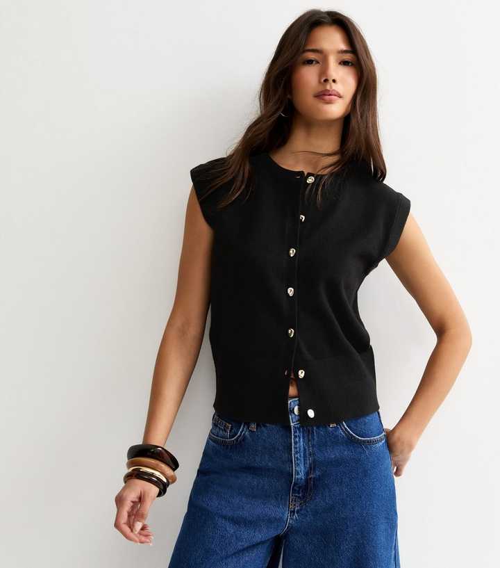 Black Knit Abstract Button Waistcoat