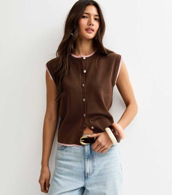 Pink Contrast Trim Knit Waistcoat