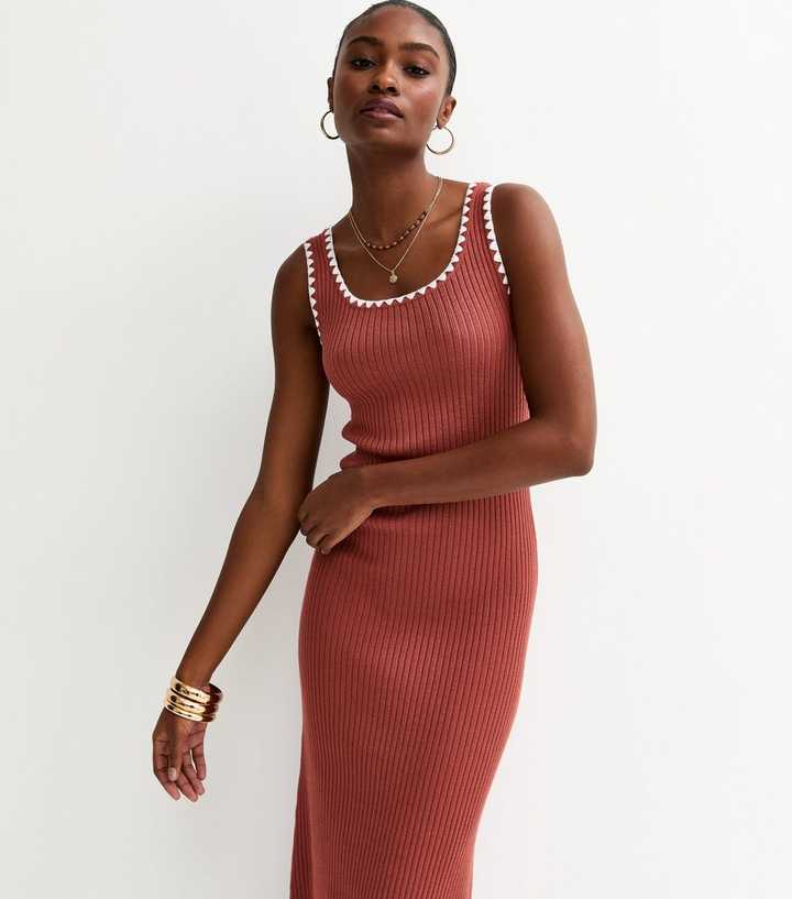 Dark Brown Ribbed Knit Tipped Maxi Dress