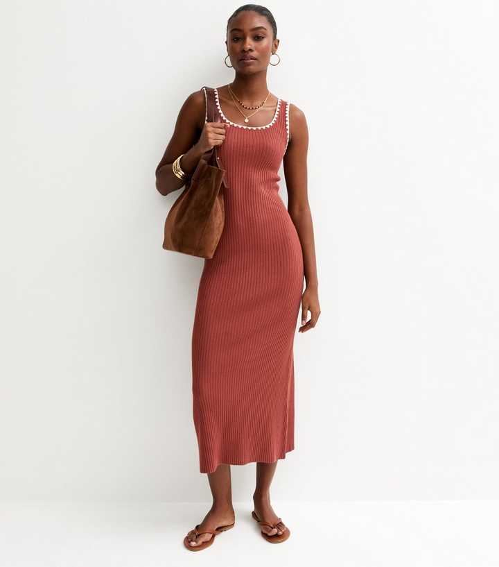 Dark Brown Ribbed Knit Tipped Maxi Dress | New Look